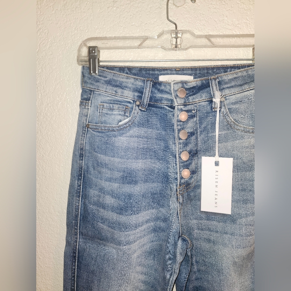 NWT Risen "Button Fly High Rise Straight Leg" Light Distressing Light Wash 3/26 - Picture 2 of 11